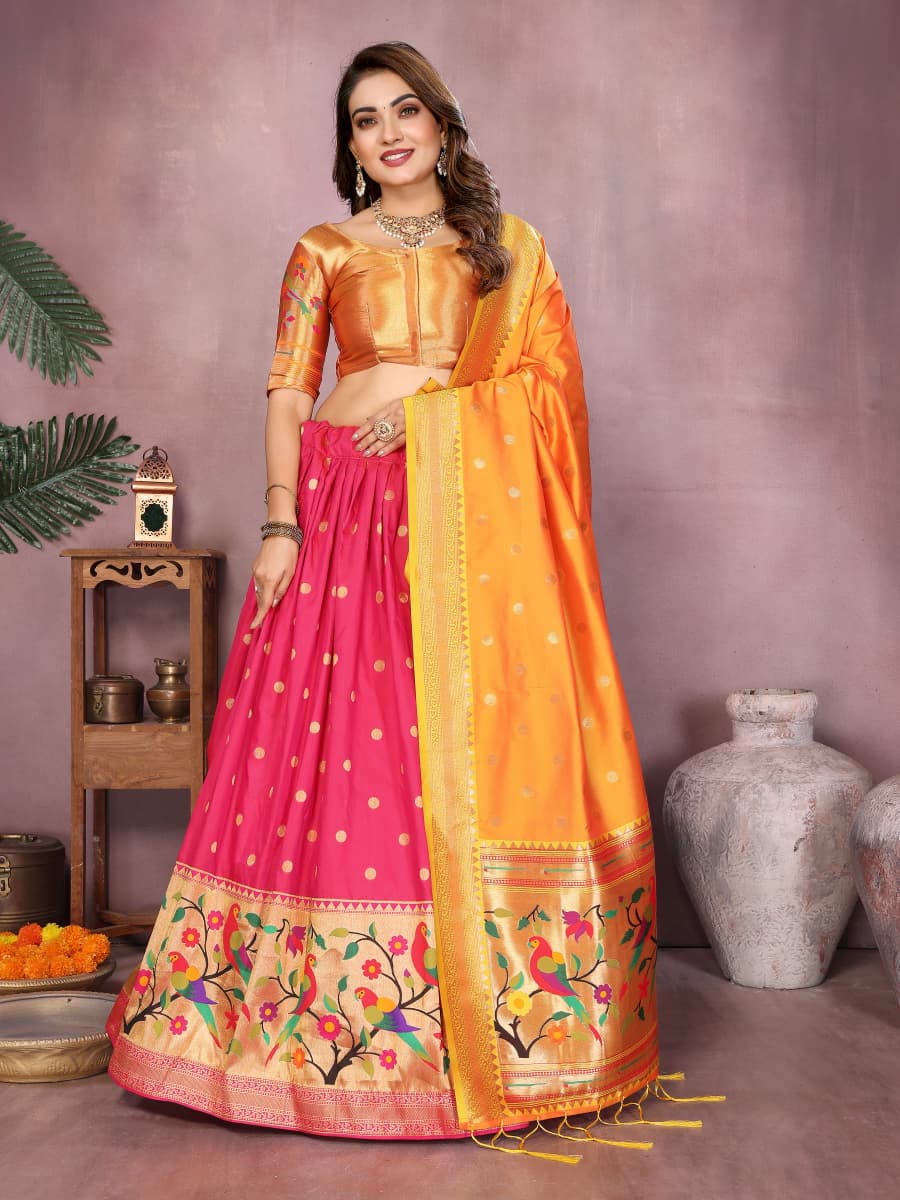 Pink color jecquard paithani silk lehenga with zari weaving work