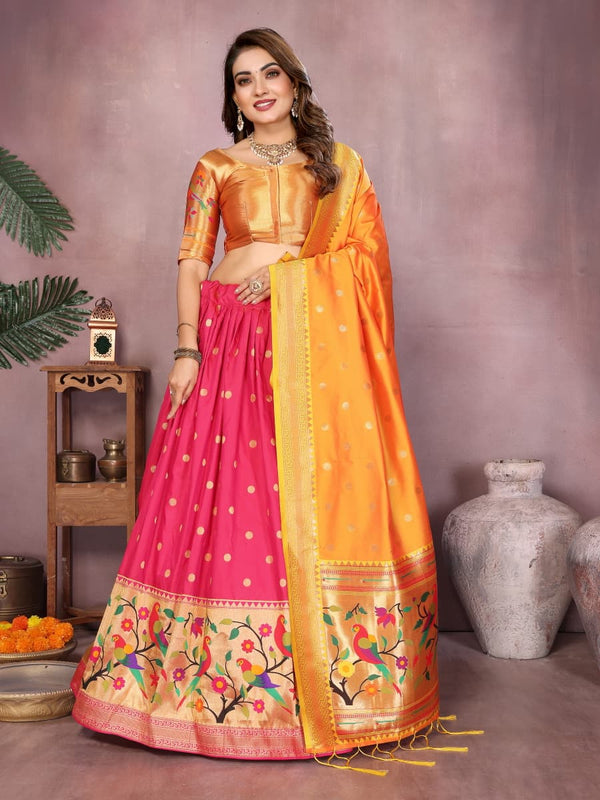 Pink color jecquard paithani silk lehenga with zari weaving work