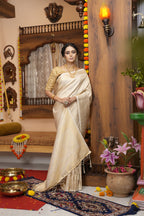 Off white color kanjivaram silk saree with zari weaving work