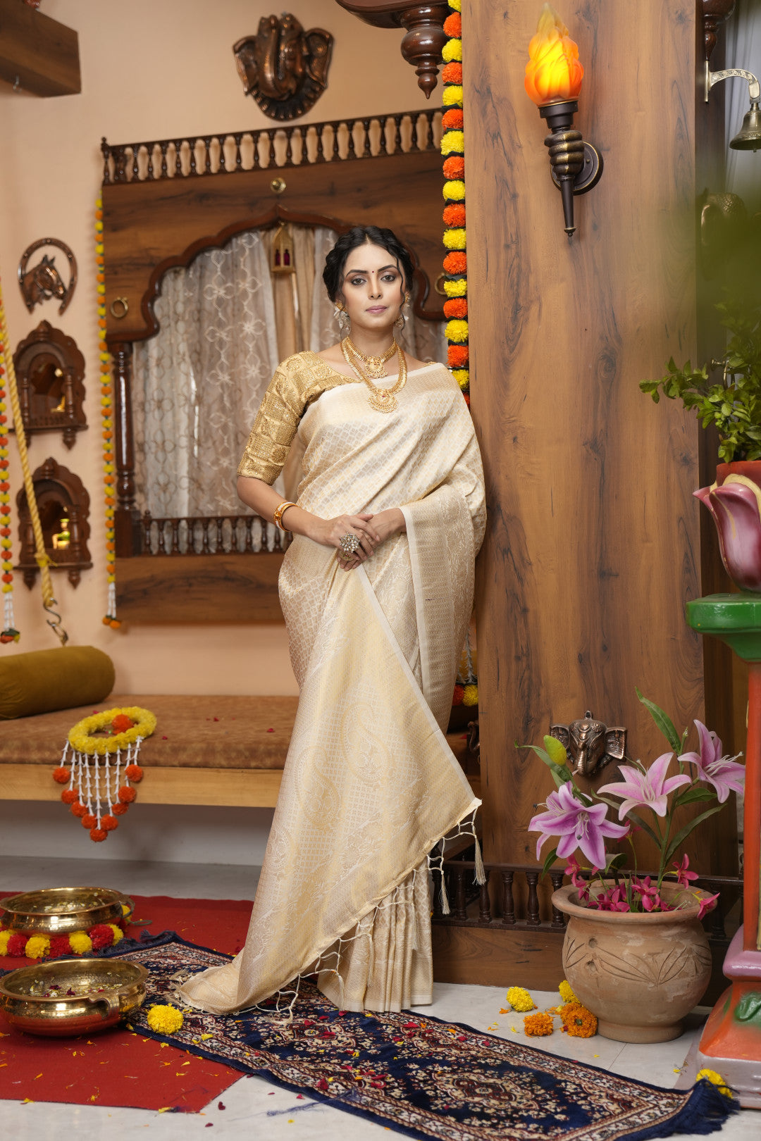 Off white color kanjivaram silk saree with zari weaving work