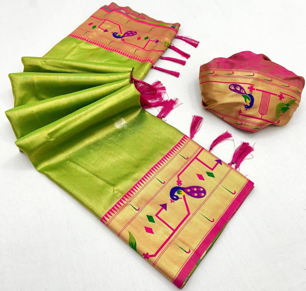 Parrot green soft tissue paithani silk saree with zari weaving work