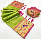 Parrot green soft tissue paithani silk saree with zari weaving work