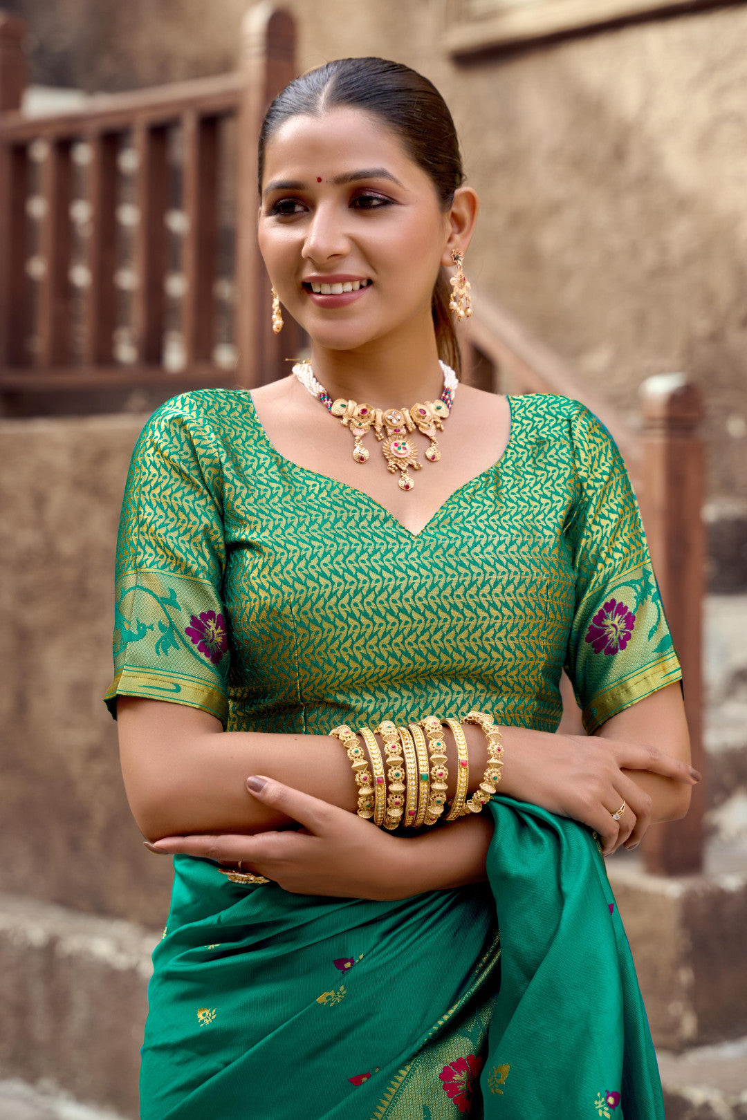 Traditional rama green paithani silk saree with zari weaving work