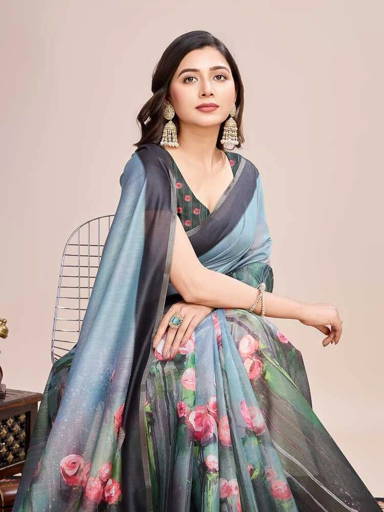 Gray soft linen cotton saree with floral printed work