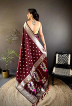 Maroon Nath paithani silk saree with zari weaving work