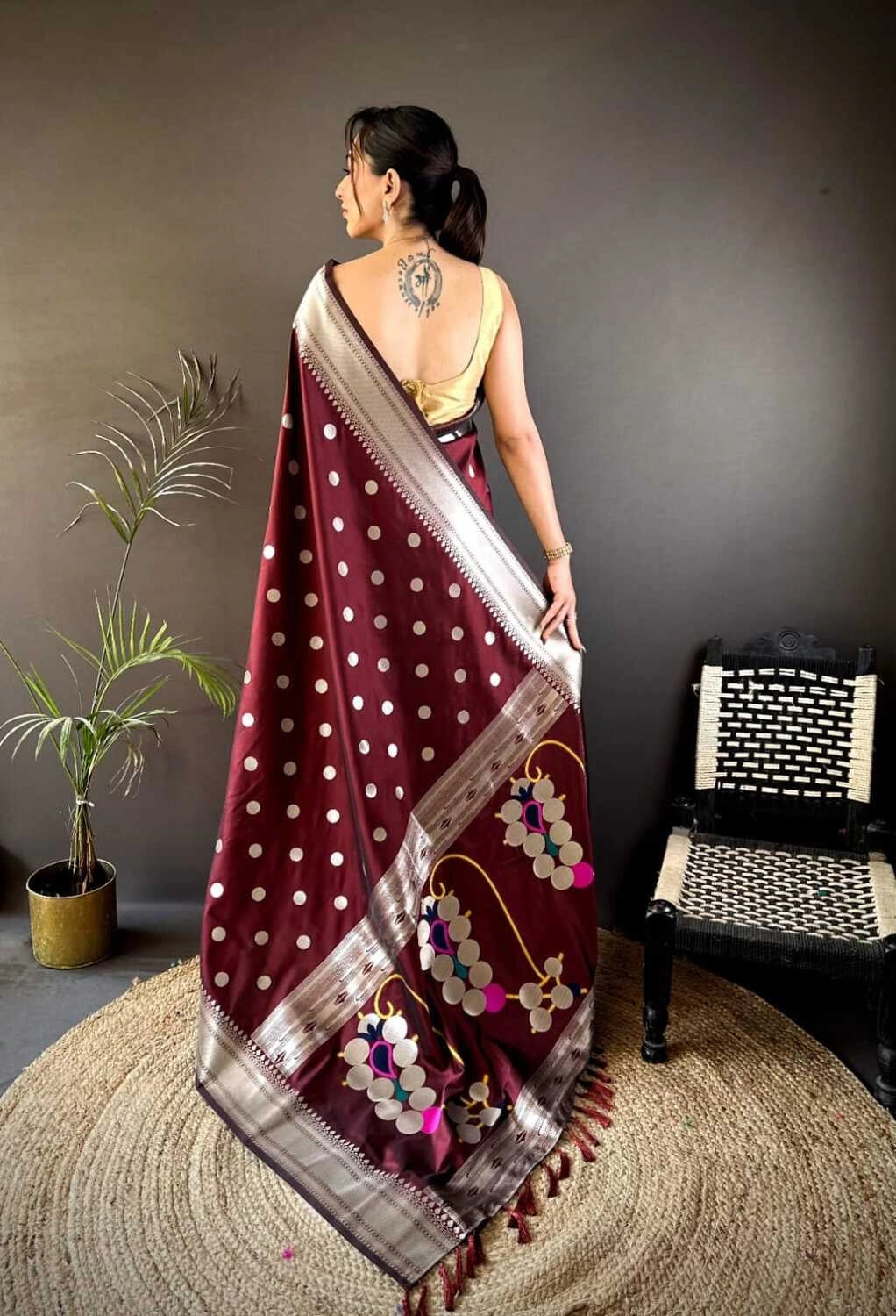 Maroon Nath paithani silk saree with zari weaving work