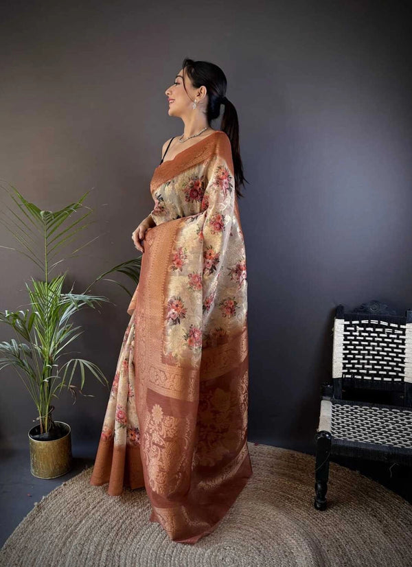 Fancy Brown linen silk saree with digital printed work