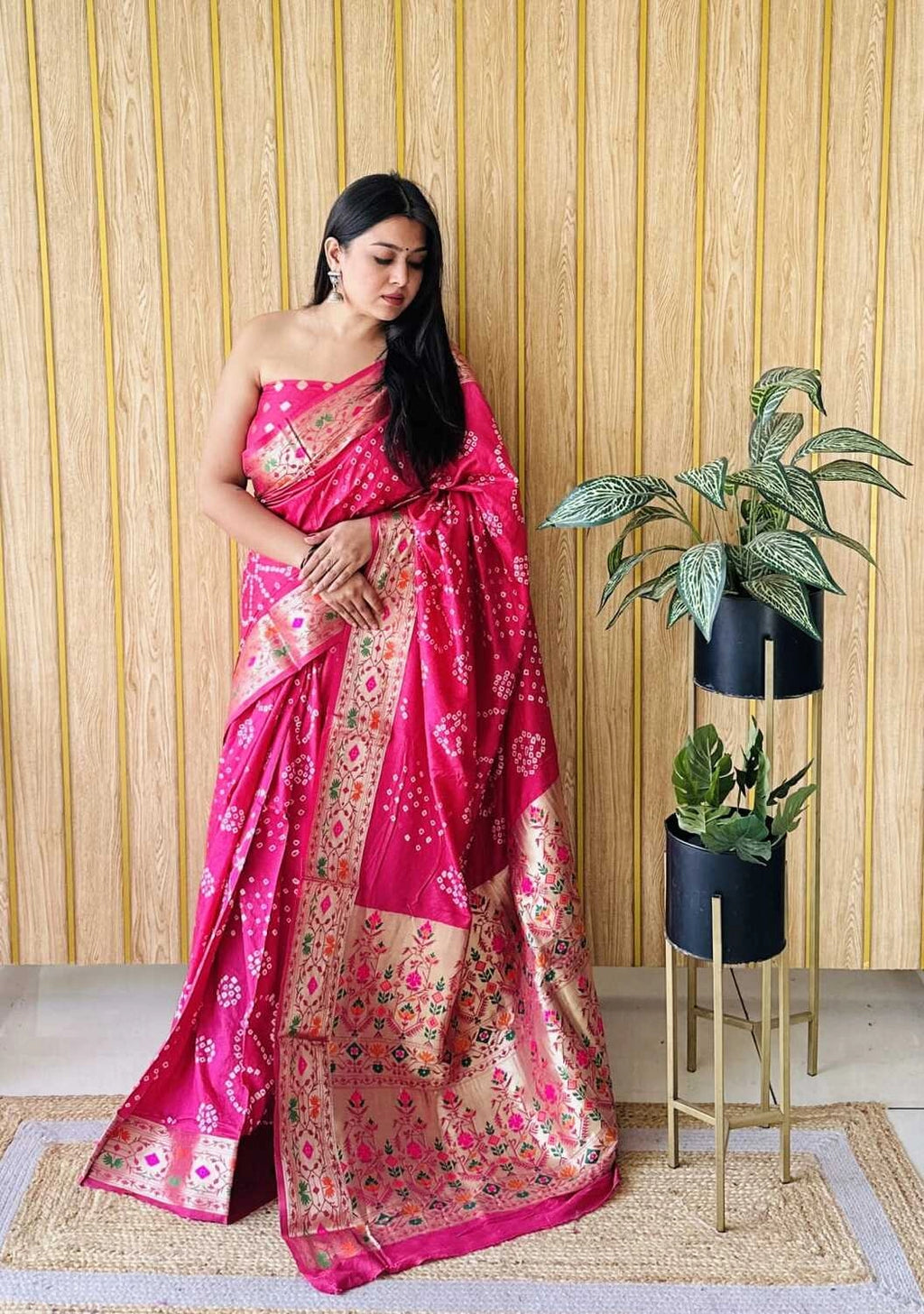 Dusty pink premium paithani bandhej silk bandhani saree with zari weaving work