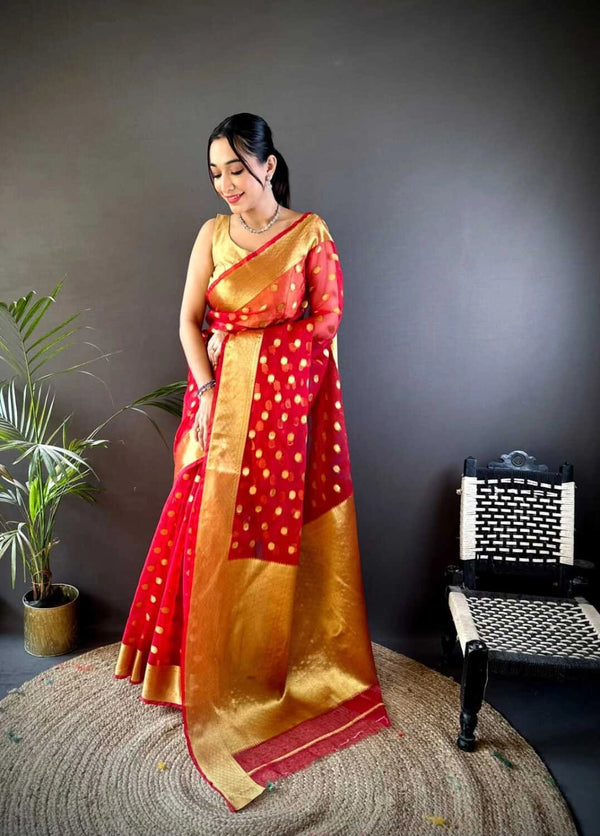 Red latest organza silk saree with zari weaving work