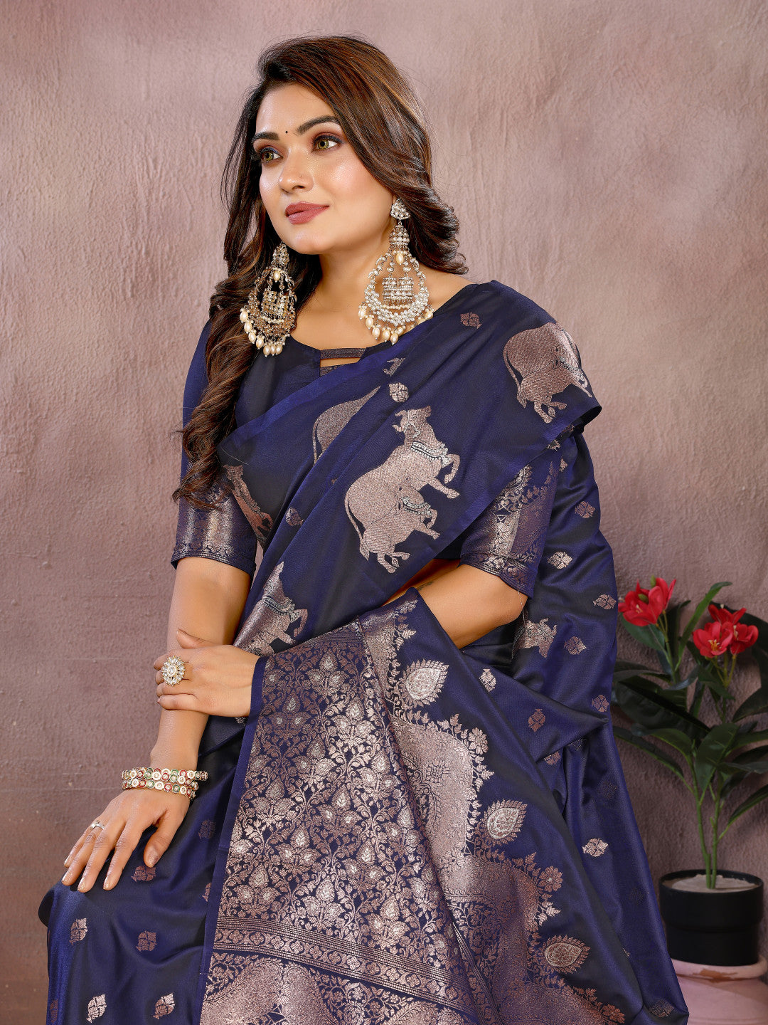 Navy blue traditional banarasi silk saree with zari weaving work