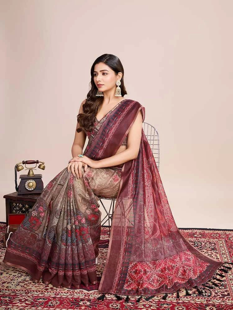 Multi soft linen cotton saree with kalamkari printed work