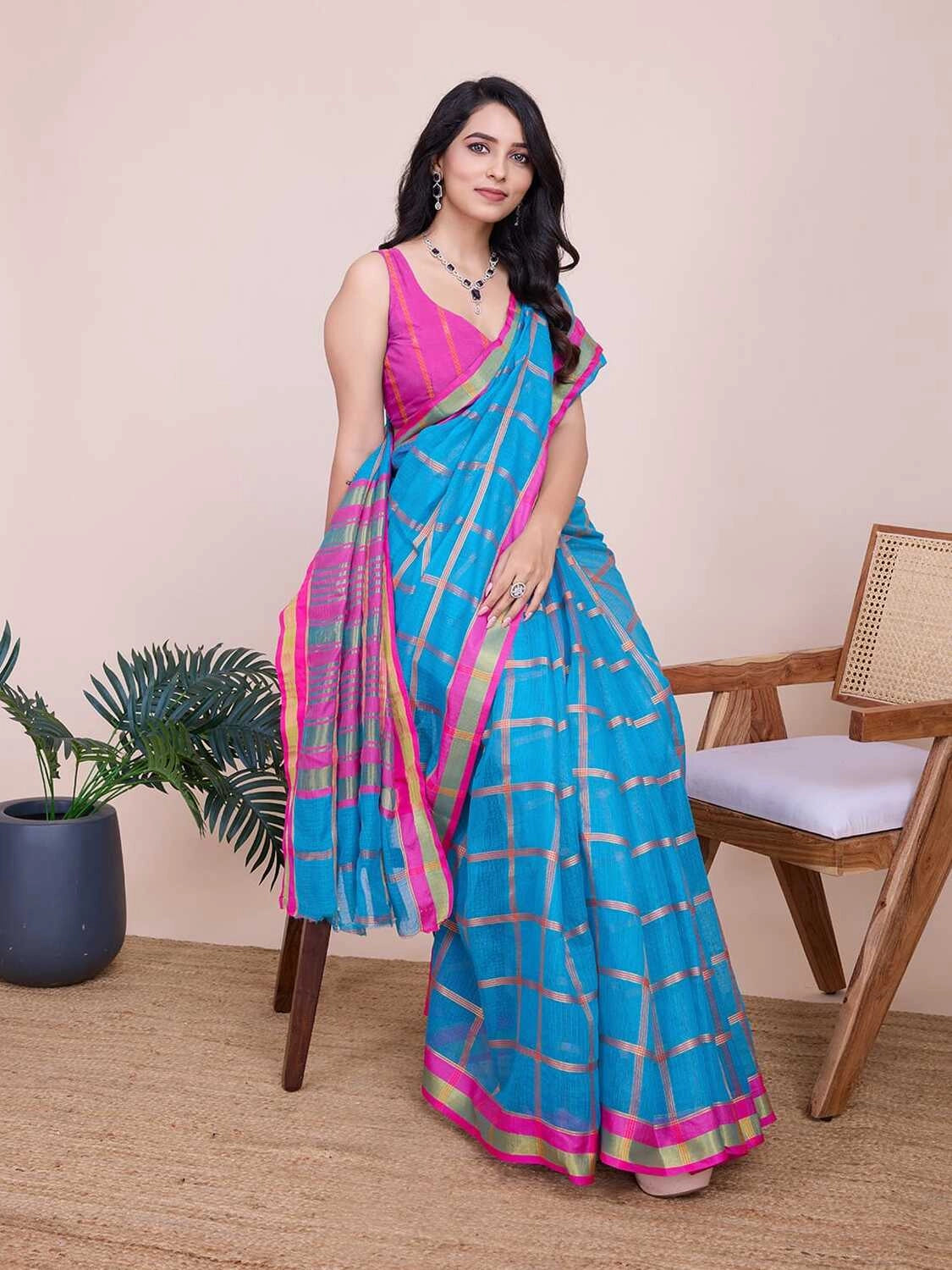 Sky blue kota doriya saree with zari weaving work