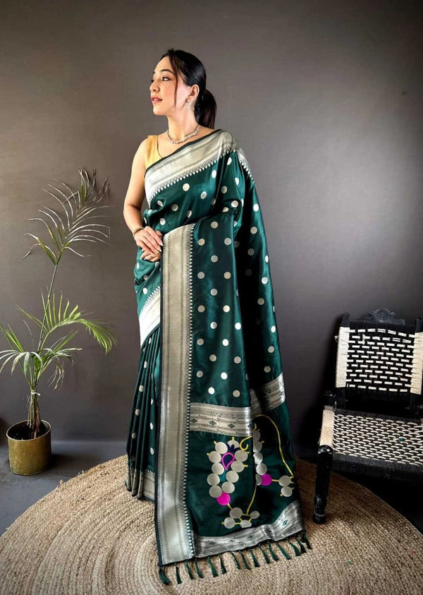 Bottle green Nath paithani silk saree with zari weaving work
