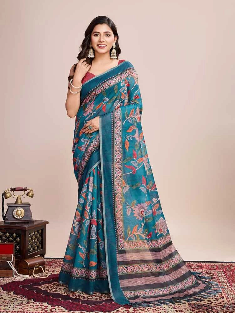 Rama green soft linen cotton saree with kalamkari digital printed work
