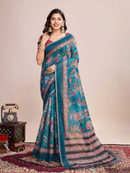 Rama green soft linen cotton saree with kalamkari digital printed work