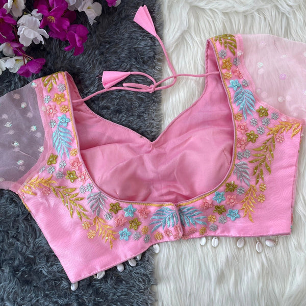 Baby pink fancy heavy net readymade blouse with embroidery work