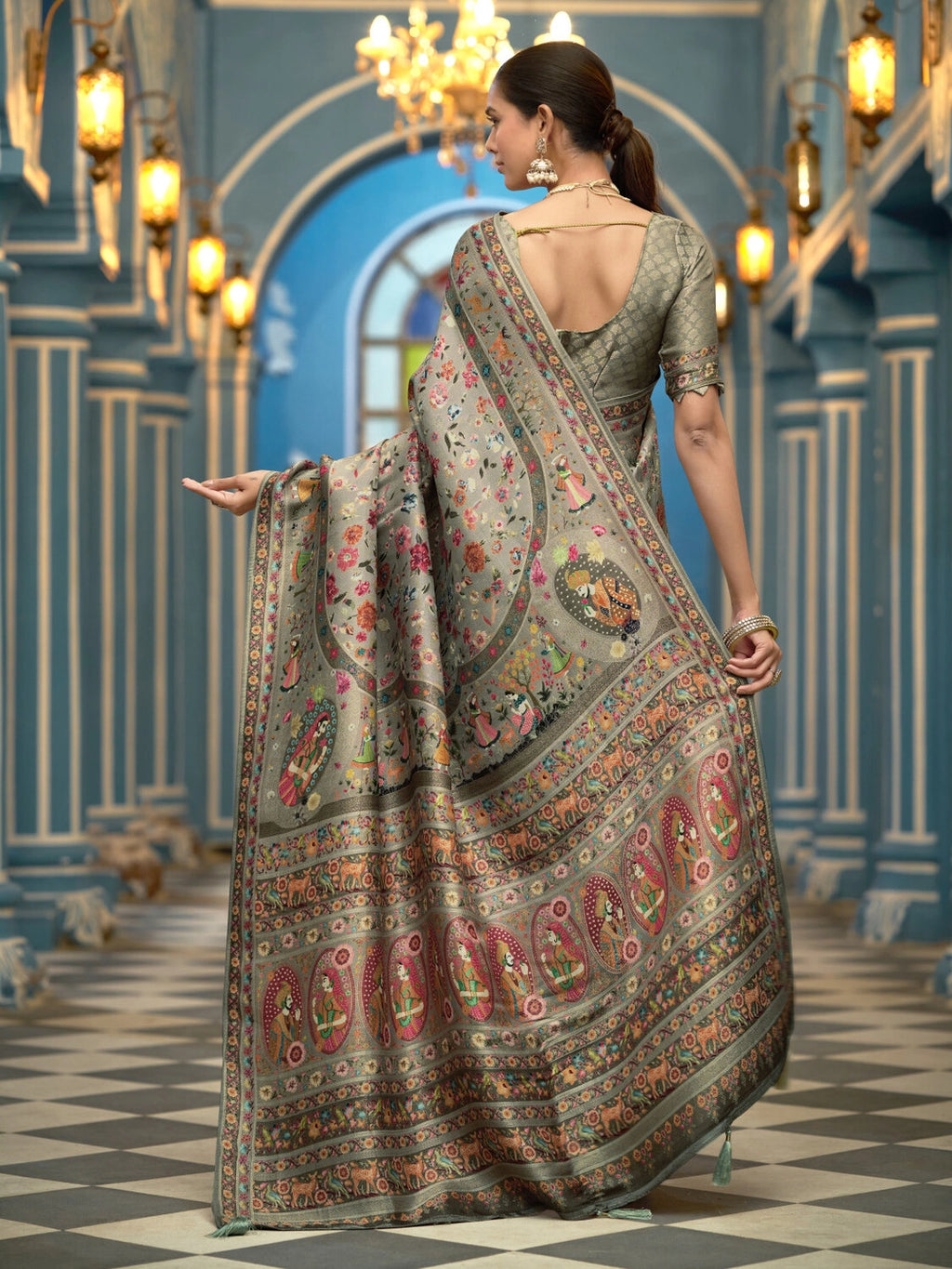 Light pista green exclusive pure pashmina silk saree with woven design
