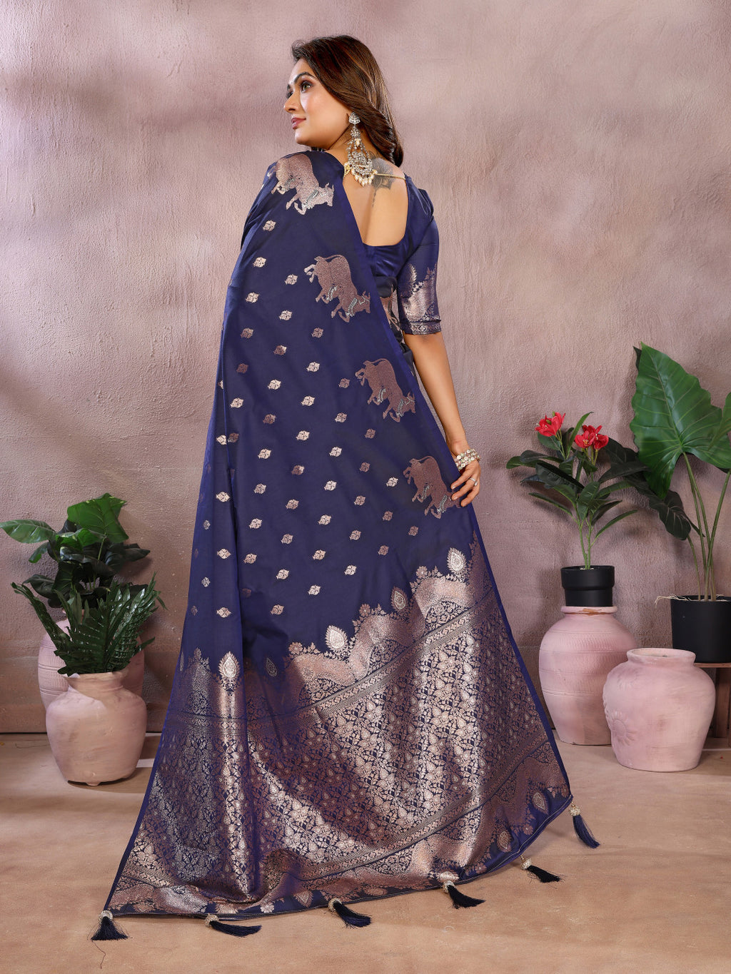 Navy blue traditional banarasi silk saree with zari weaving work