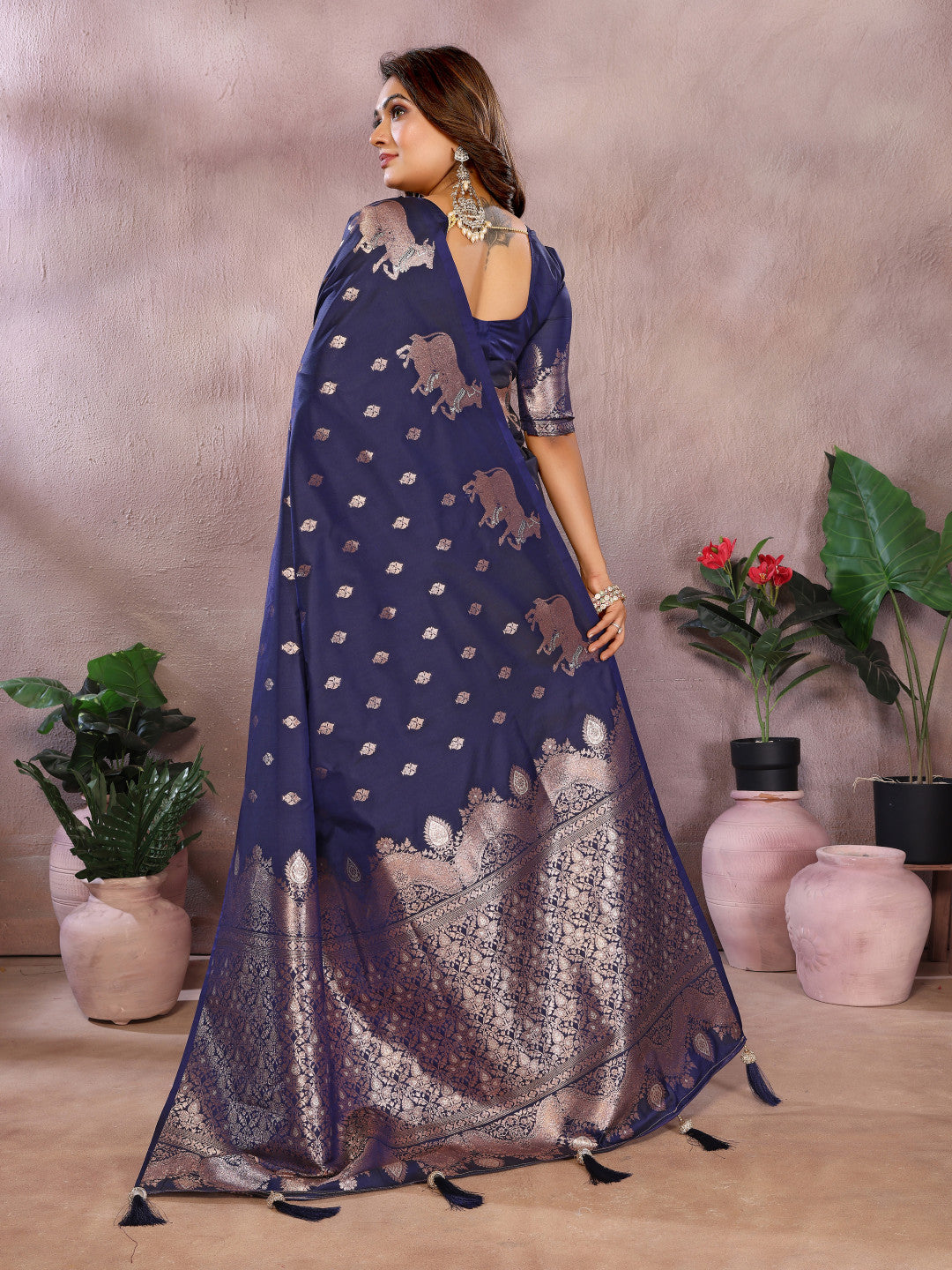 Navy blue traditional banarasi silk saree with zari weaving work