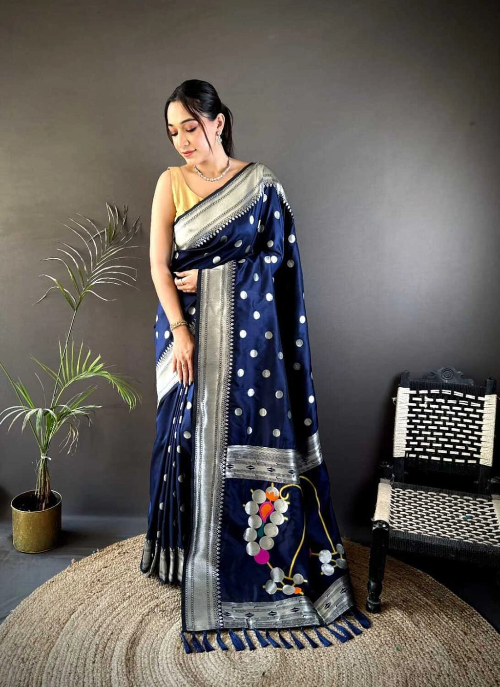 Navy blue Nath paithani silk saree with zari weaving work
