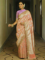 Peach premium banarasi katan silk saree with zari weaving & lace border