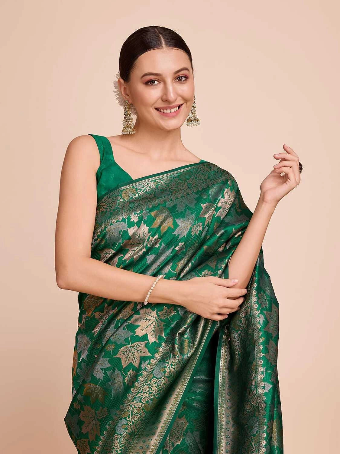 Golden & copper zari weaving with green color soft silk banarasi saree