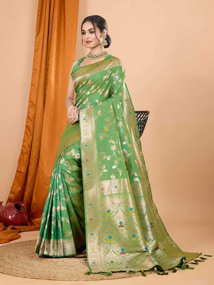 Pista green premium banarasi silk saree with meenakari zari weaving work