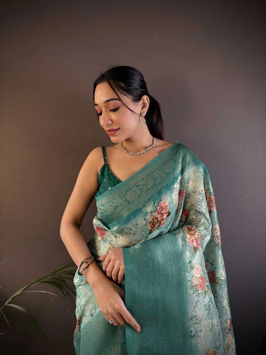 Fancy Rama green linen silk saree with digital printed work