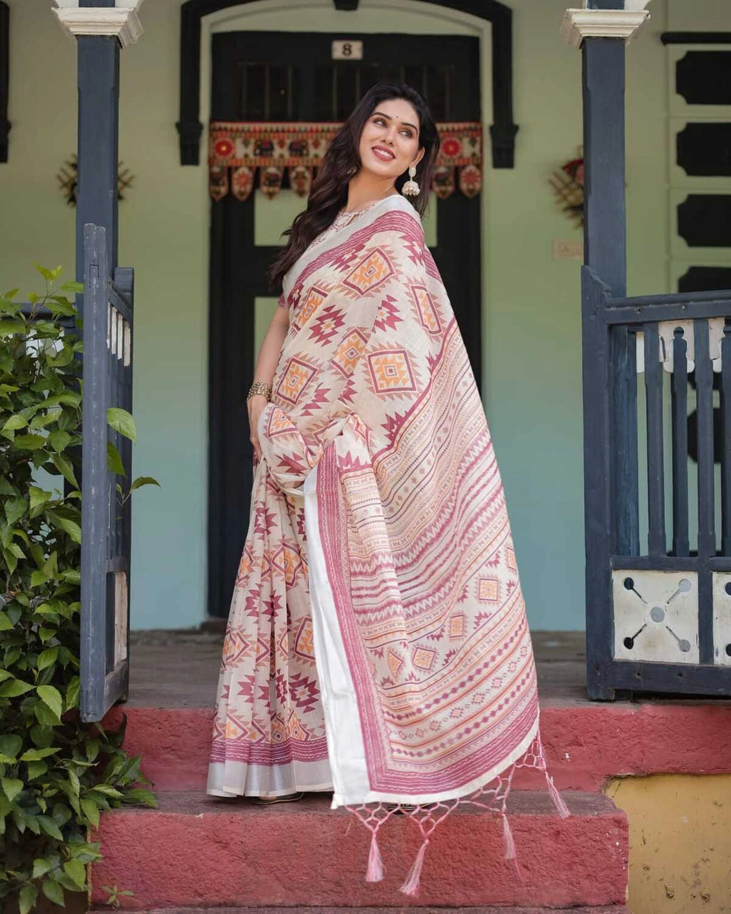 Multi summer special digital printed linen cotton saree