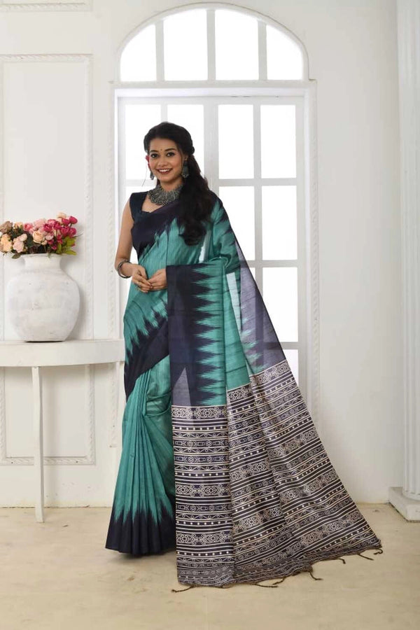 Rama green color tussar silk saree with printed work