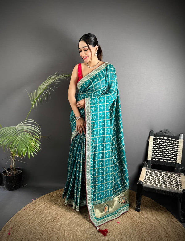 Rama green traditional blooming vichitra khadi bandhej silk saree with sequence work