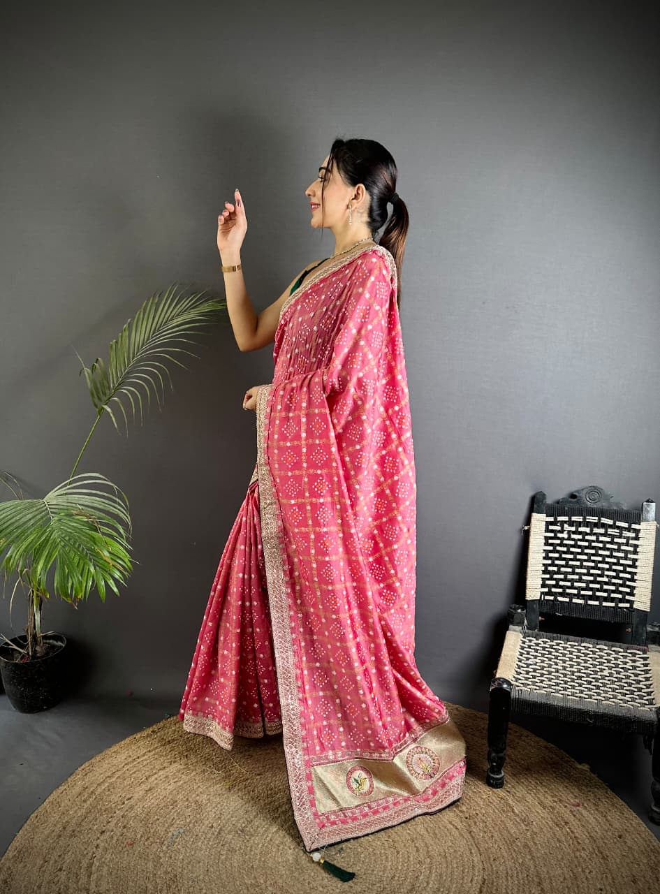 Baby pink traditional blooming vichitra khadi bandhej silk saree with sequence work