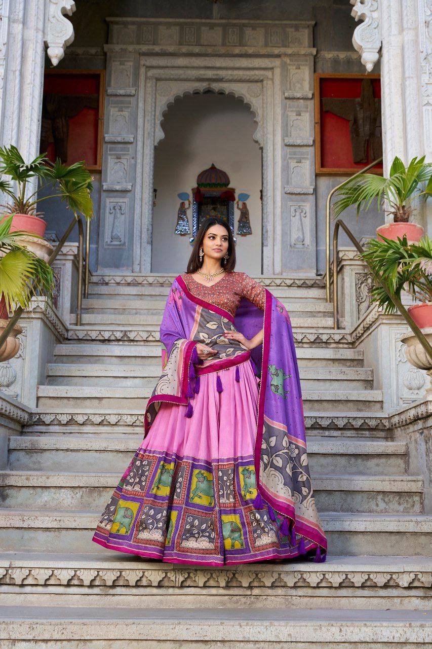 Baby pink color tussar silk lehenga with meenakari printed work