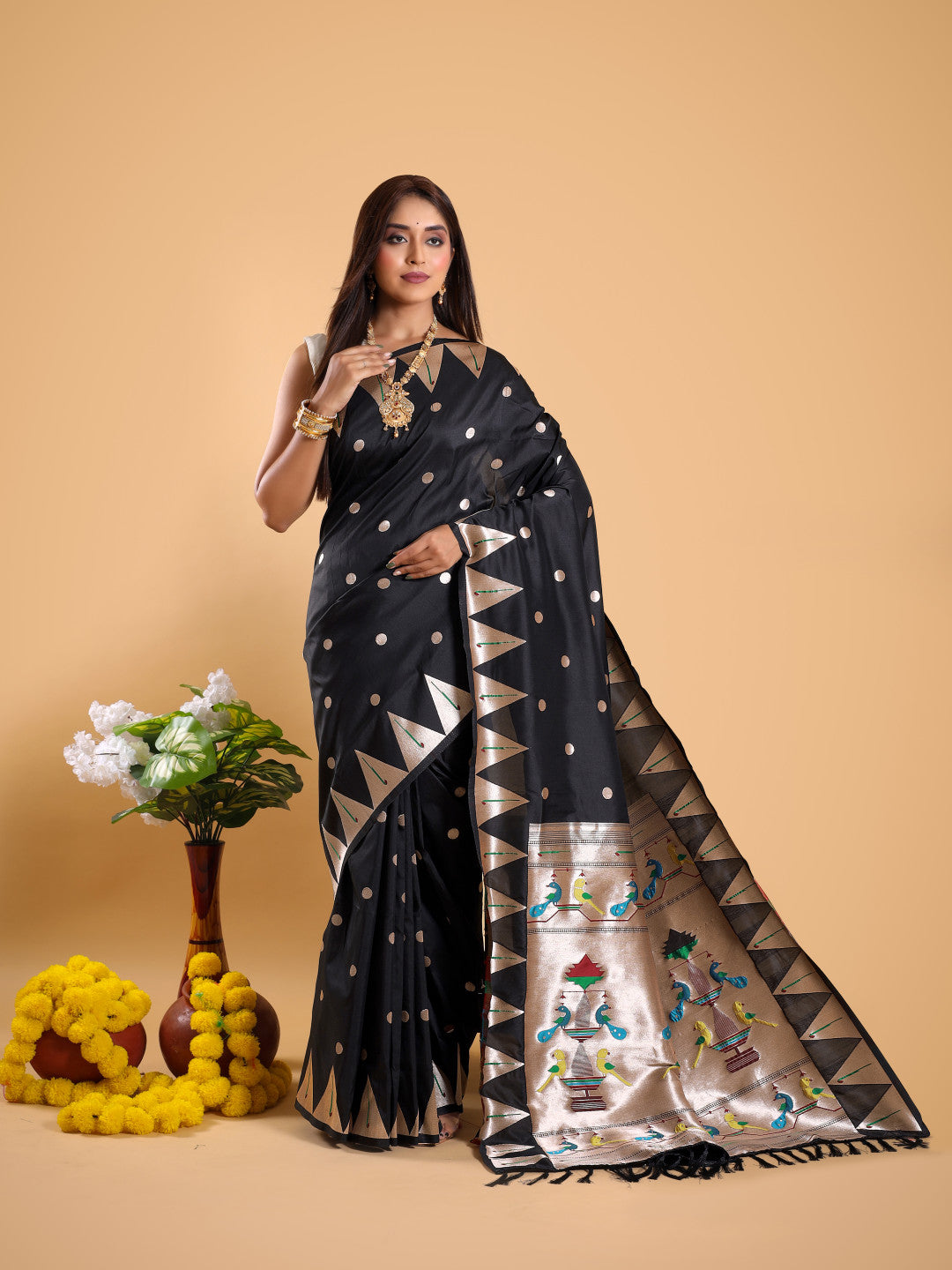 Black color paithani silk saree with zari weaving work