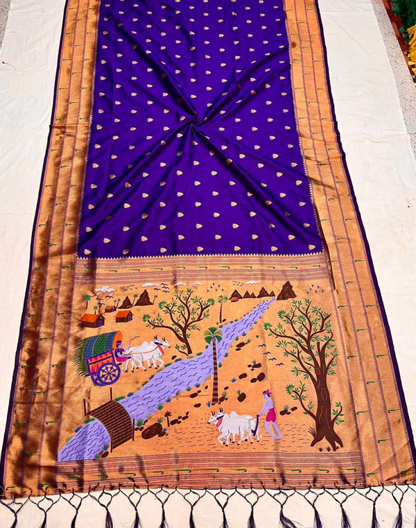 Violet color paithani silk saree with zari weaving work