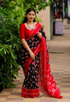 Black soft linen cotton saree with digital printed work