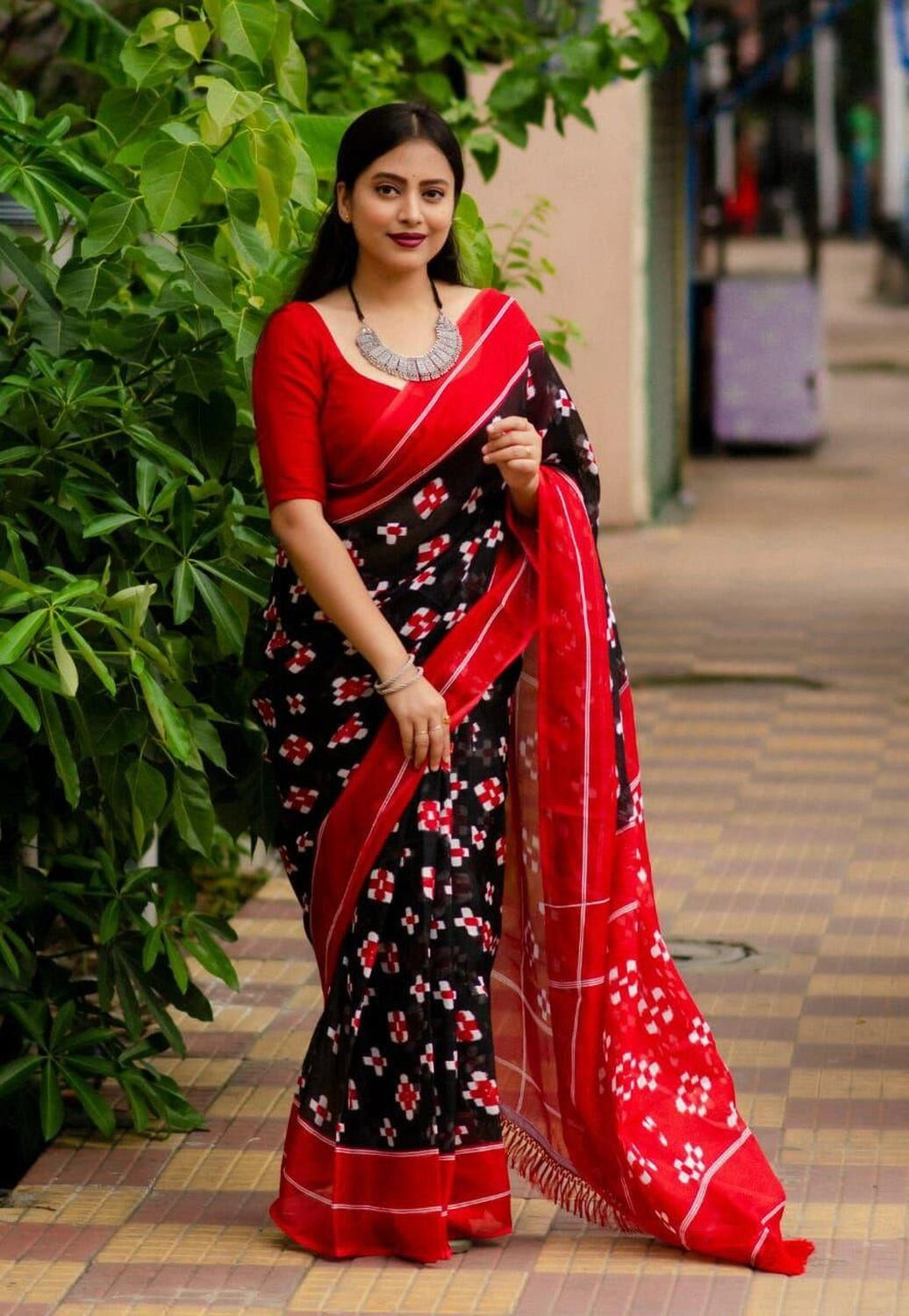 Black soft linen cotton saree with digital printed work