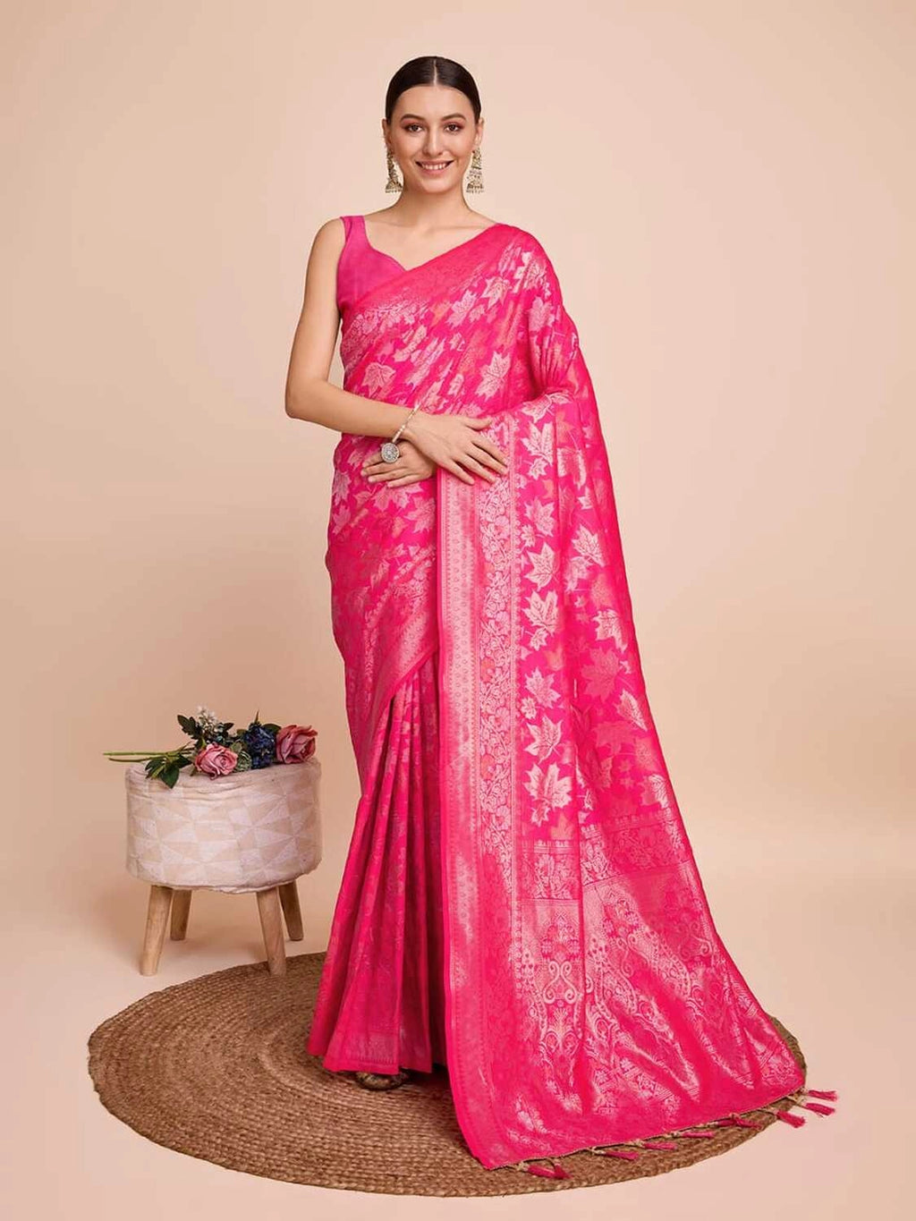 Golden & copper zari weaving with pink color soft silk banarasi saree