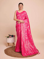 Golden & copper zari weaving with pink color soft silk banarasi saree
