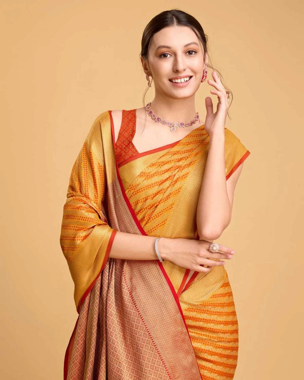 Orange color kanchipuram silk saree with zari woven work
