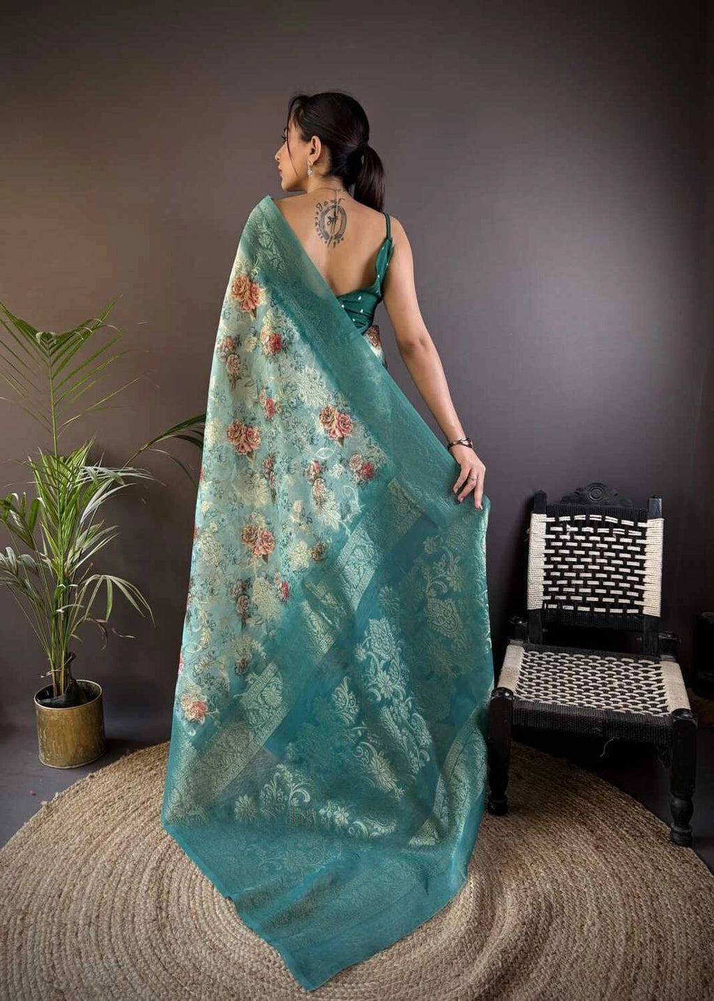 Fancy Rama green linen silk saree with digital printed work