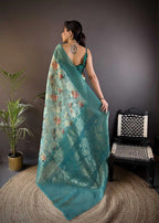 Fancy Rama green linen silk saree with digital printed work