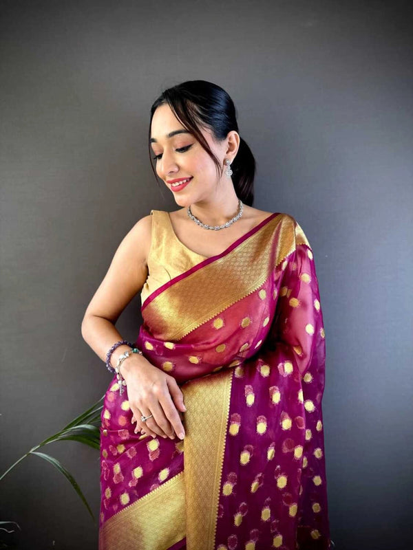 Magenta latest organza silk saree with zari weaving work
