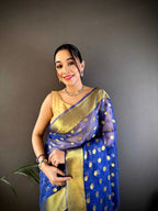 Blue latest organza silk saree with zari weaving work