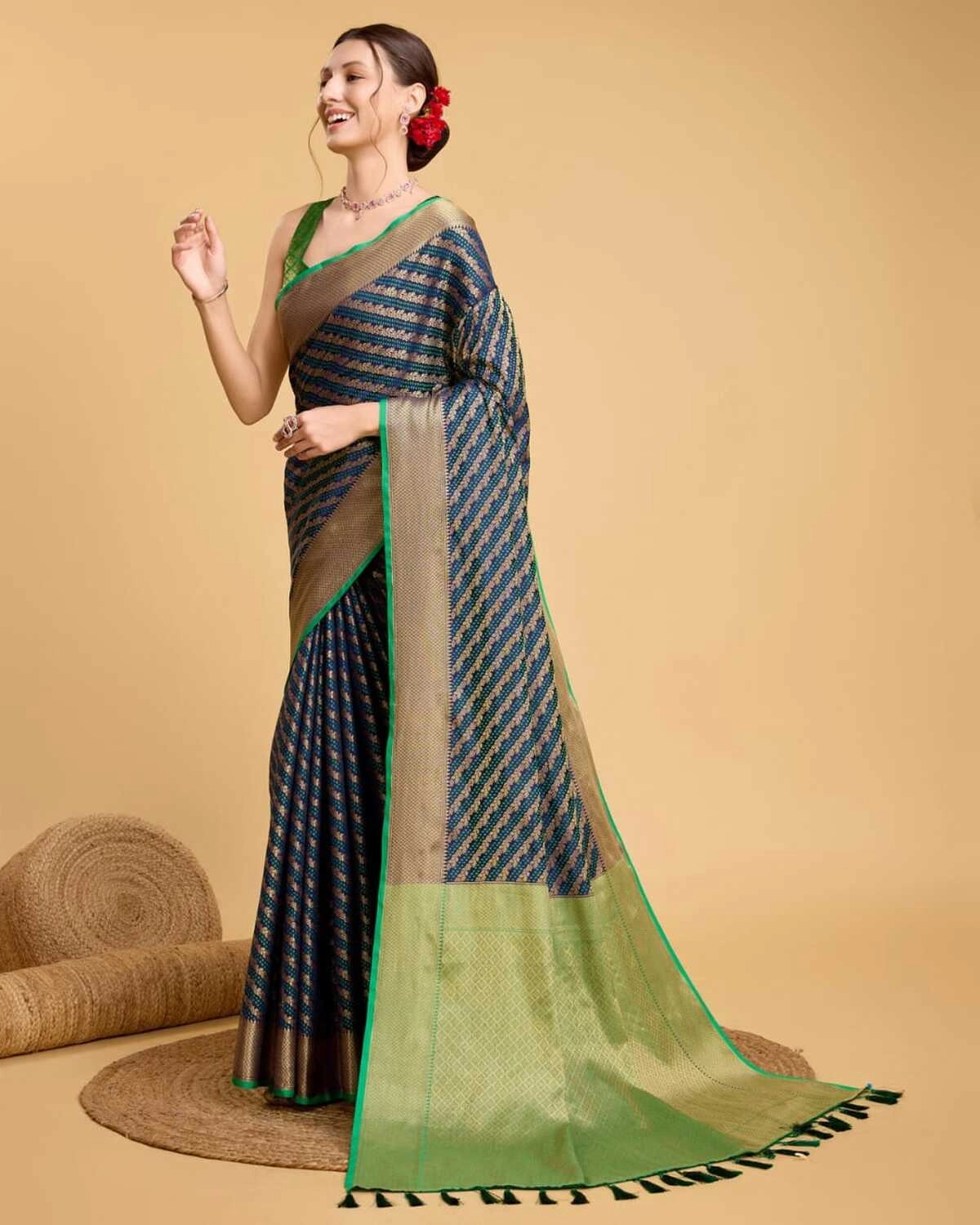 Navy blue color kanchipuram silk saree with zari woven work