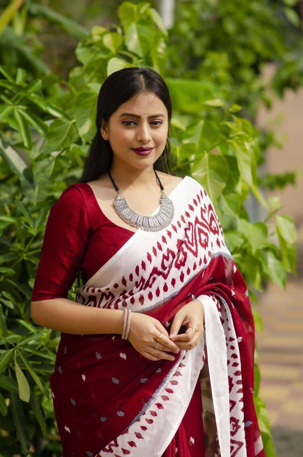 Maroon soft linen cotton saree with digital printed work