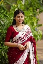 Maroon soft linen cotton saree with digital printed work