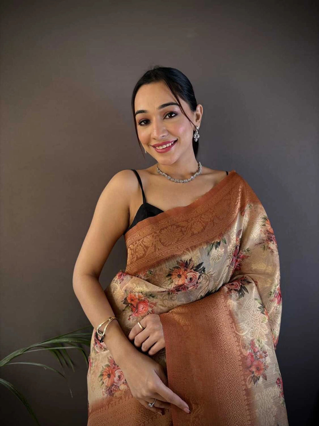 Fancy Brown linen silk saree with digital printed work