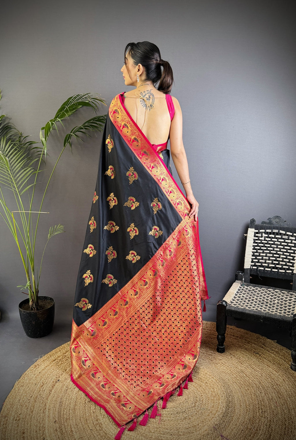 Black traditional banarasi silk saree with zari weaving work