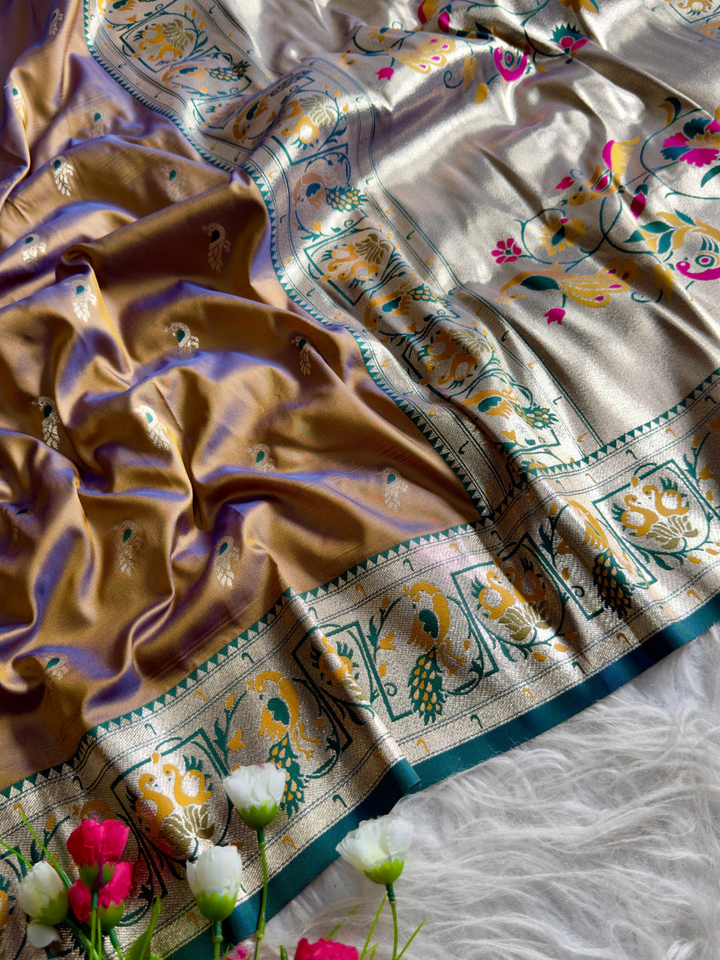 Brown traditional paithani silk saree with peacock zari weaving work